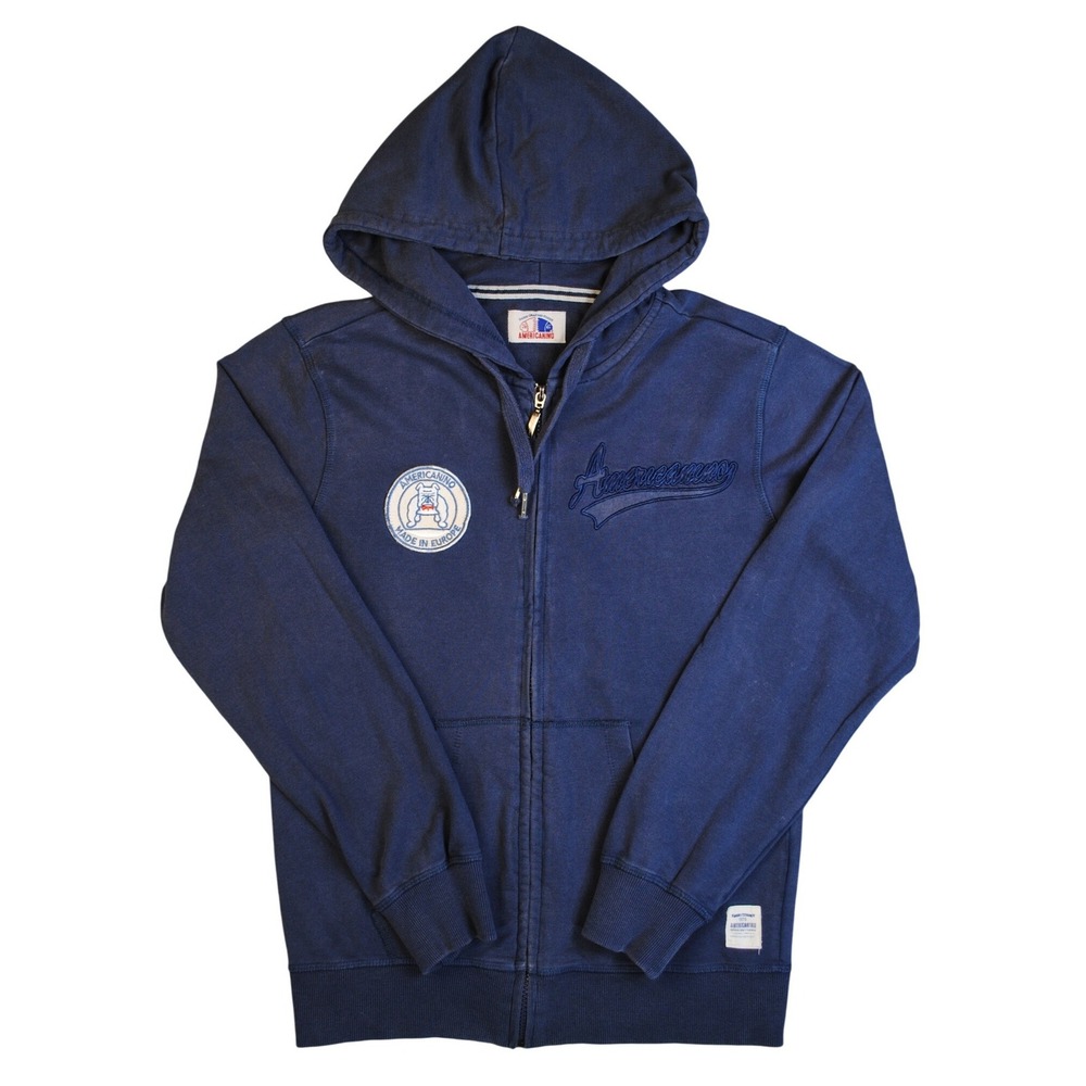 Y2K S Americanino Mens Full Zip Hoodie Navy Blue Bulldog Patch Embroidered Logo